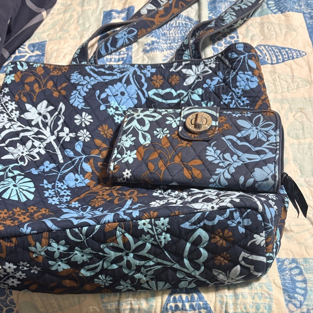 Vera Bradley Navy and Brown Floral Tote with Wallet